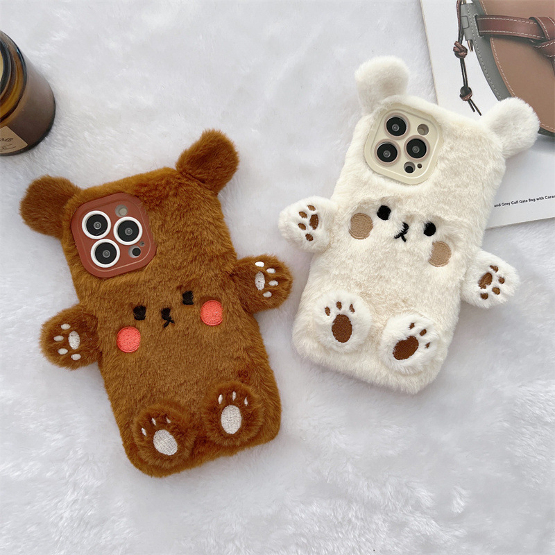 Phone Cases Leather - 韓国の3D漫画風クマのふわふわぬいぐるみカップル携帯ケース iPhone 17 Air 16 15