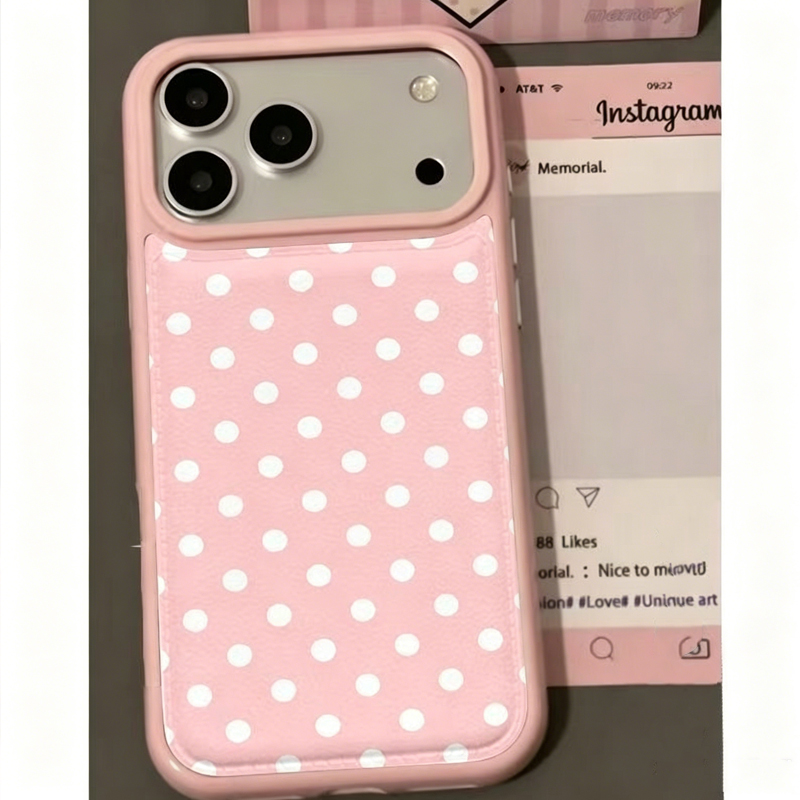 Phone Cases Leather - 韓国のトレンドのかわいいピンクの水玉模様レザー製スマホケース iPhone 17 Air 16 15