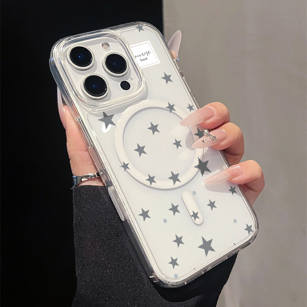 Phone Cases Clear - グレーの星柄プリント マグネット式クリアスマホケース iPhone 17 14 15