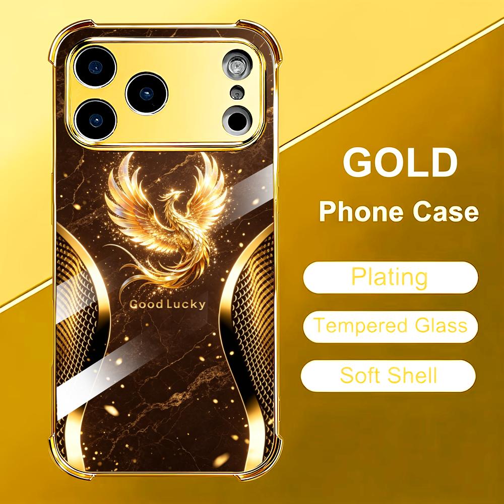Phone Cases Rhode - スタイリッシュな金色の鳳凰ガラス製スマホケース iPhoneケース iPhoneカバー Rhode用 iPhone 17、16、15、14、13、12