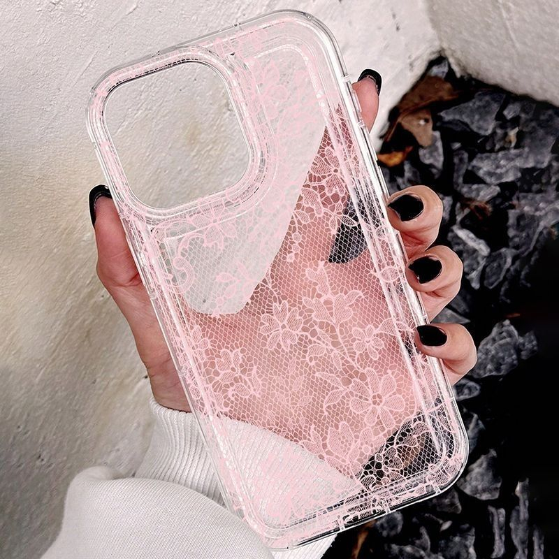 フランス製の素敵なピンクのレースフラワー柄クリアスマホケース - Phone Cases Iphone 16 のレビューと価格