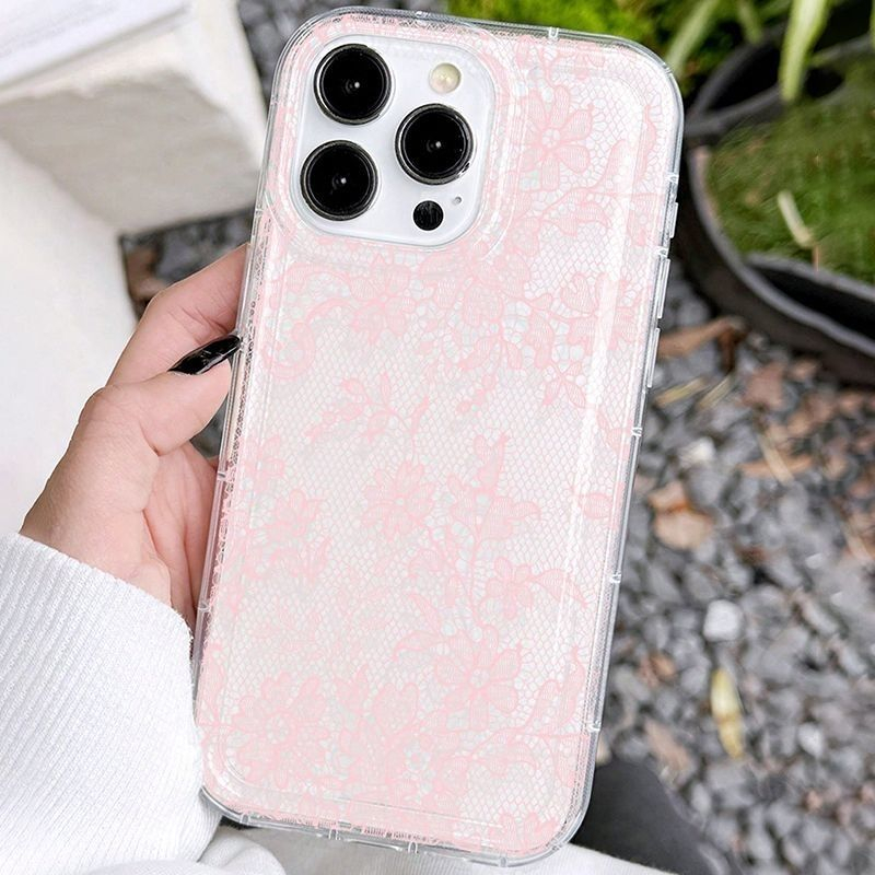 フランス製の素敵なピンクのレースフラワー柄クリアスマホケース - Phone Cases Iphone 16 のレビューと価格