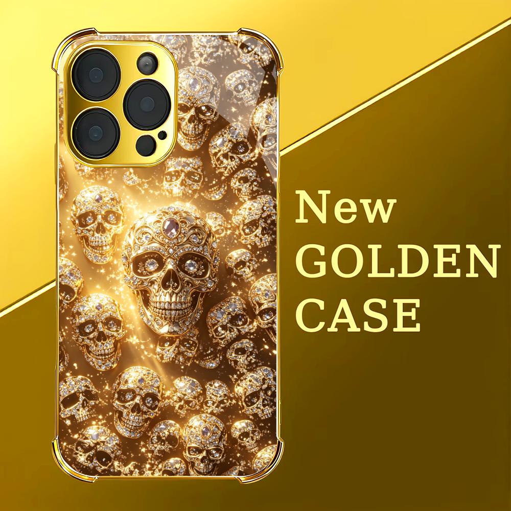 豪華なゴールデンスカルガラス製スマホケース iPhoneケー - Phone Cases Rhode のレビューと価格